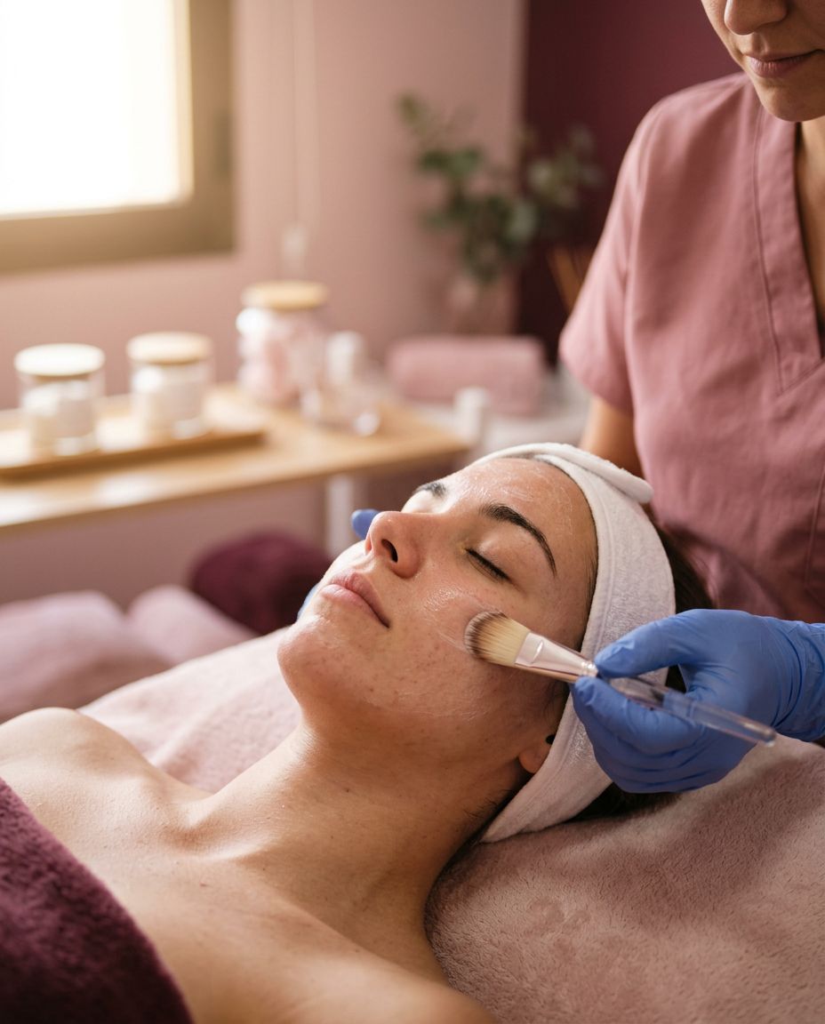 Tratamiento facial con pincel sobre el rostro de una clienta relajada